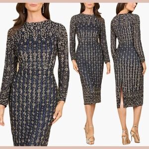 NEW $550 LARA NY [ 14 ] Beaded Midi Dress with Long Sleeves in Navy Blue #J1987‎